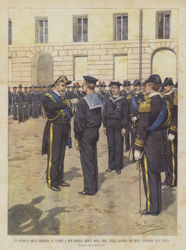 Valor-mitalin toimitus kahdelle Kiinasta palaavalle merimiehelle Royal Crewsin kasarmeissa La Speziassa tekijältä Achille Beltrame
