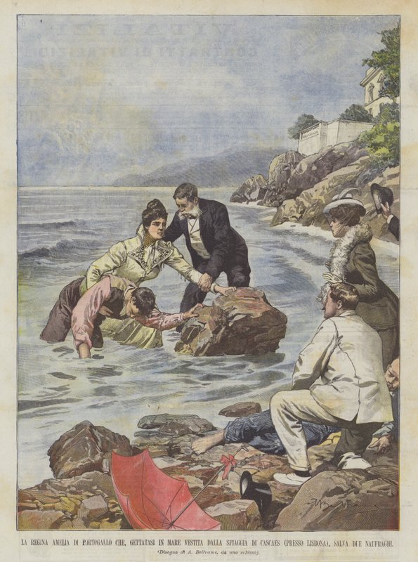 Portugalin kuningatar Amelia Kuka, heitetty mereen Cascaes Beachin pukeutuneena? tekijältä Achille Beltrame