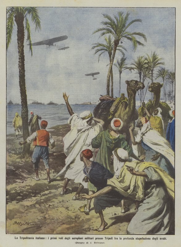 Italian Tripolitania, ensimmäiset lennot sotilaslentokoneiden lähellä Tripolia välillä syvä? tekijältä Achille Beltrame