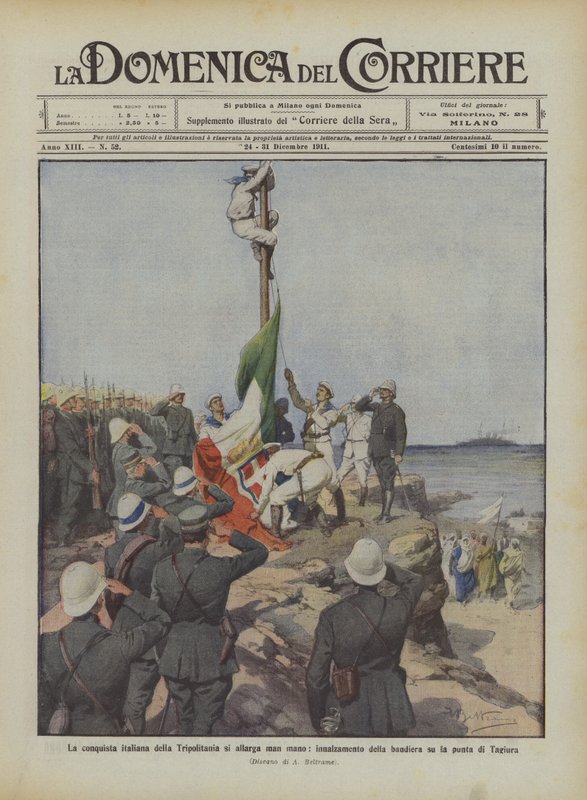 Italian Tripolitanian valloitus laajenee vähitellen nostaen lipun Tagiuran kärkeen tekijältä Achille Beltrame