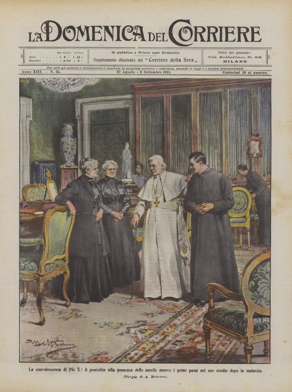 Paavi Pius X:n toipuminen sisarusten läsnäollessa, jotka ottavat ensimmäiset askeleensa? tekijältä Achille Beltrame