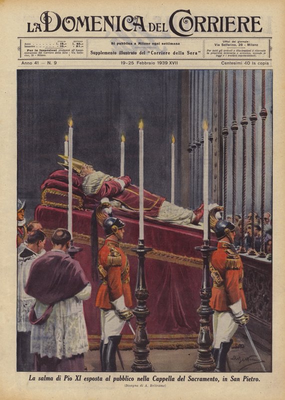 Pius XI:n ruumis paljastettiin yleisölle Sakramentin kappelissa San Pietrossa tekijältä Achille Beltrame