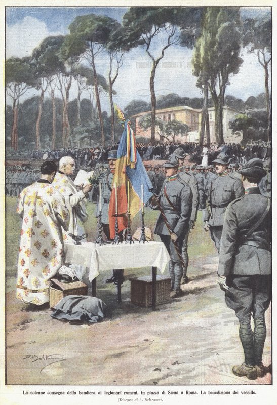 Lipun juhlallinen luovutus Romanian legioonaareille Piazza di Sienalla Roomassa tekijältä Achille Beltrame