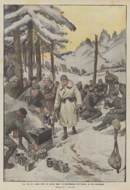 Elämää leirillä etulinjojen takana, annoksen jakoa, korkeilla vuorilla tekijältä Achille Beltrame