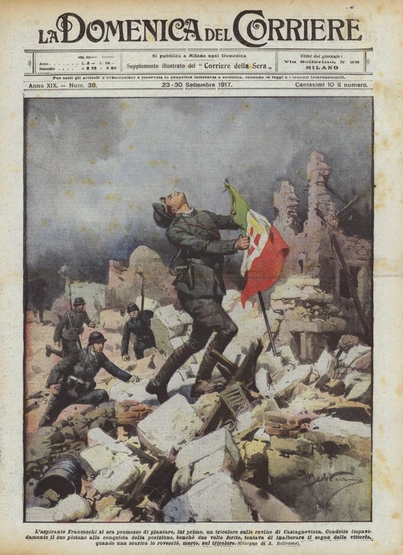 Pyrkijä Franceschi oli luvannut itselleen istuttaa kolmivärisen lipun Castagnevizzan raunioille tekijältä Achille Beltrame