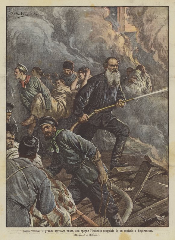 Leo Tolstoi, suuri venäläinen kirjailija, joka sammuttaa Bogoroditzkin sairaalassa syttyneen tulipalon tekijältä Achille Beltrame