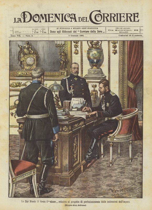 Tsaari Nicolo Lukasen allekirjoitus, joka liittyy imperiumin instituutioiden parannusprojektiin tekijältä Achille Beltrame
