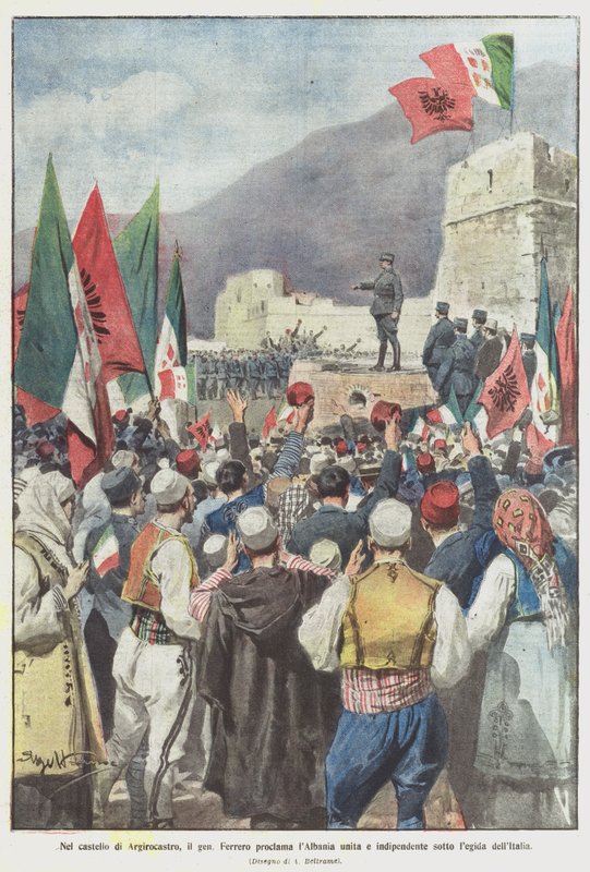 Gjirokastran linnassa kenraali Ferrero julisti Albanian yhdistyneeksi ja itsenäiseksi Italian lain mukaisesti tekijältä Achille Beltrame