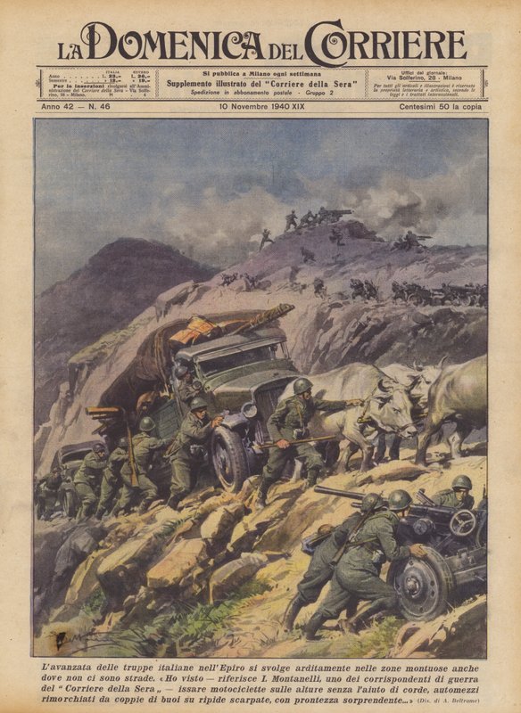 Italian joukkojen eteneminen Epirukselle tapahtuu rohkeasti vuoristoisilla alueilla, vaikka teitä ei olisikaan (väri litho) tekijältä Achille Beltrame