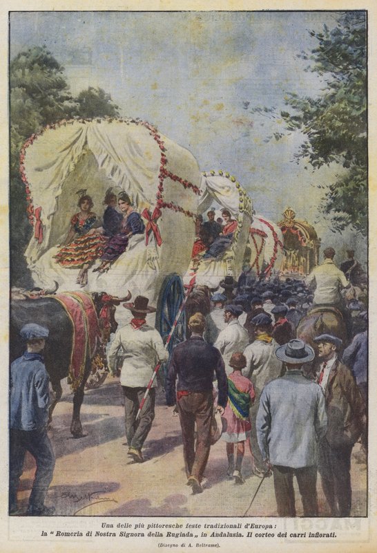 Yksi Euroopan viehättävimmistä perinteisistä festivaaleista, Romeria of Our Lady of the Dew Andalusiassa tekijältä Achille Beltrame