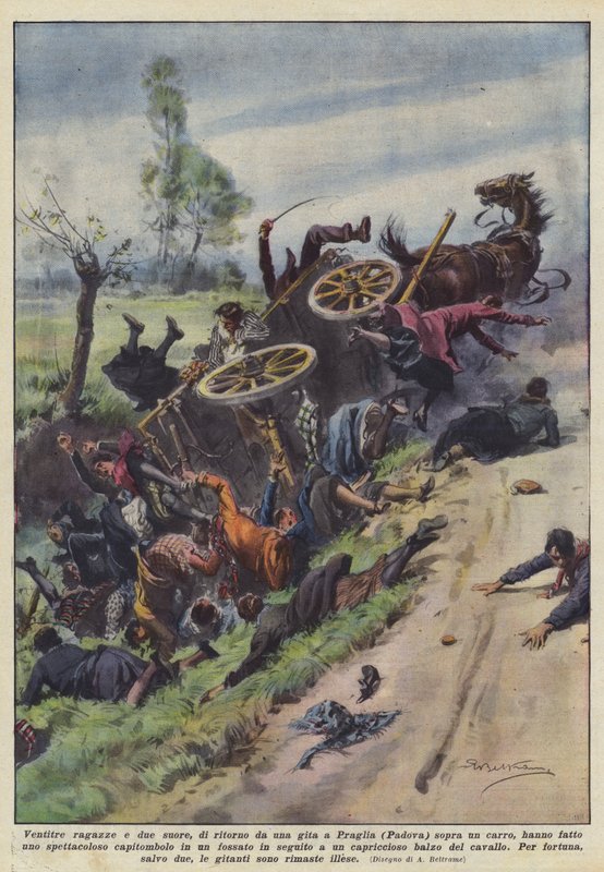 Kaksikymmentäkolme tyttöä ja kaksi nunnaa palaamassa matkalta Pragliaan (Padovaan) kärryillä? tekijältä Achille Beltrame