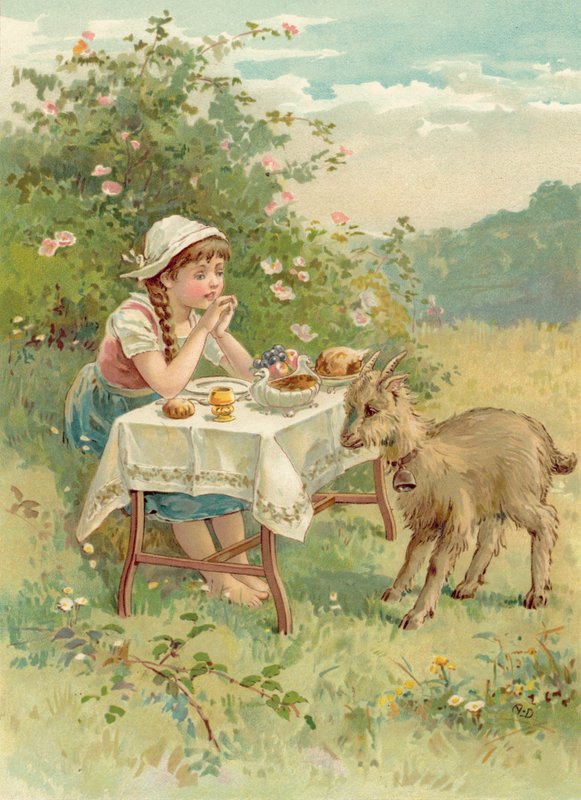 Kaksisilmäinen, vuohi ja maaginen pöytä (chromolitho) tekijältä Ada Dennis