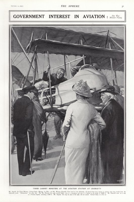 Sotaministeri, eversti J A B Seely, ohjaamassa lentokonetta, Cromartyn ilmailuasema, Skotlanti, 1913. tekijältä Addison Thomas Millar