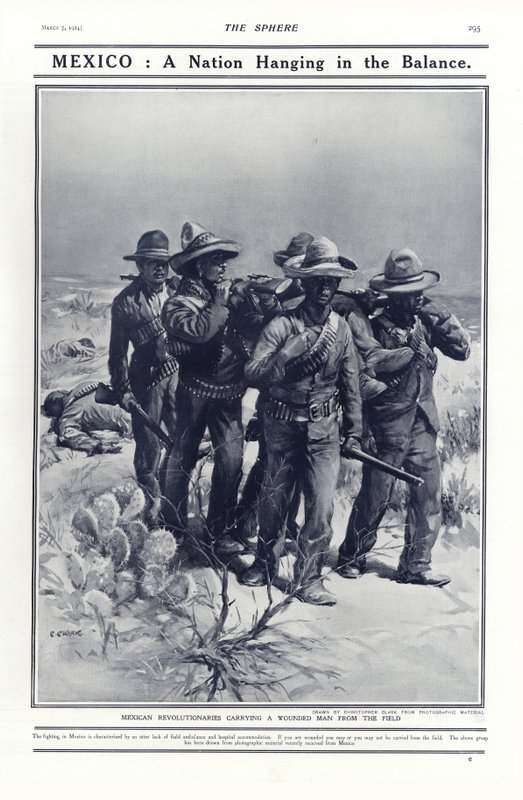 Meksikon vallankumoukselliset kantoivat haavoittunutta miestä kentältä, 1914 tekijältä Addison Thomas Millar