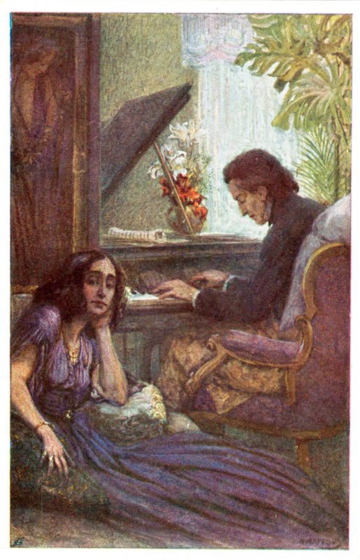 Muusikko ja säveltäjä Frederic Chopin, George Sandin kanssa Adolf Karpellus (värilito) tekijältä Adolf Karpellus