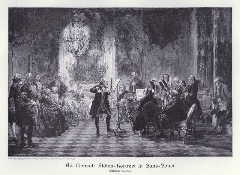 Huilukonsertti Sanssoucin palatsissa, Potsdam, Preussi (kaiverrus) tekijältä Adolph Friedrich Erdmann von (after) Menzel
