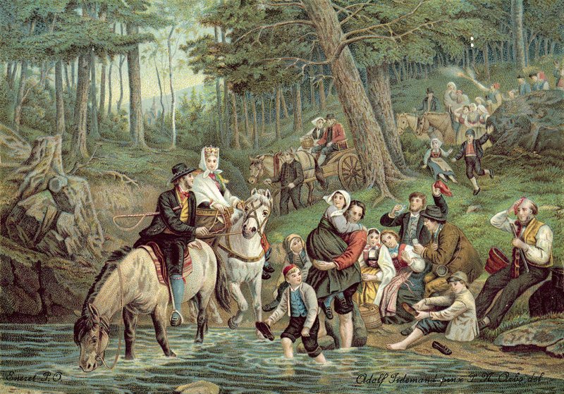 Norjalainen kohtaus (väri litho) tekijältä Adolph Tidemand