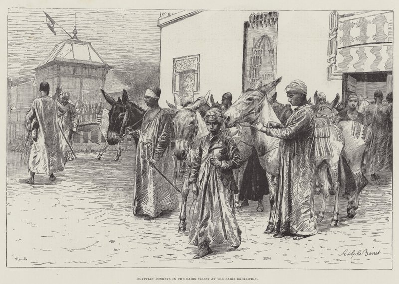 Egyptiläiset aasit Kairo-kadulla Pariisin näyttelyssä tekijältä Adolphe Gustave Binet