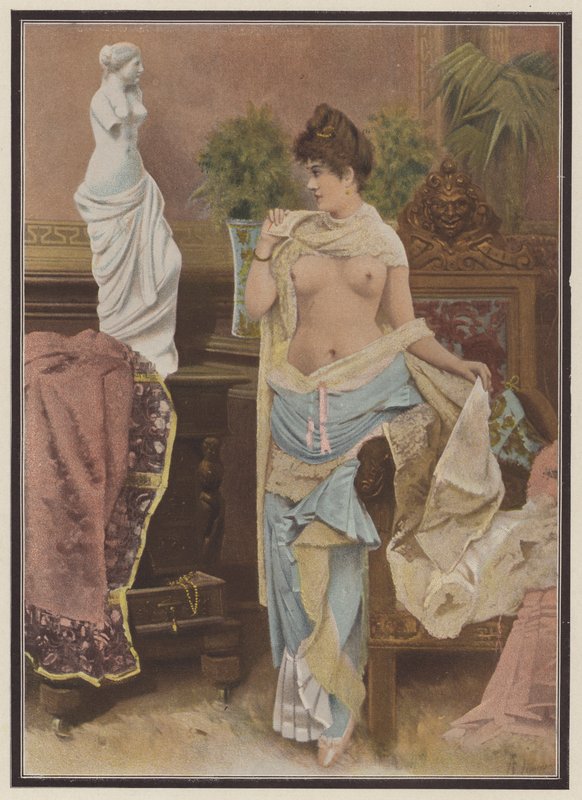 Nainen vertaa itseään Venus de Milon patsaaseen (värinen lito) tekijältä Adolphe Frederic Lejeune