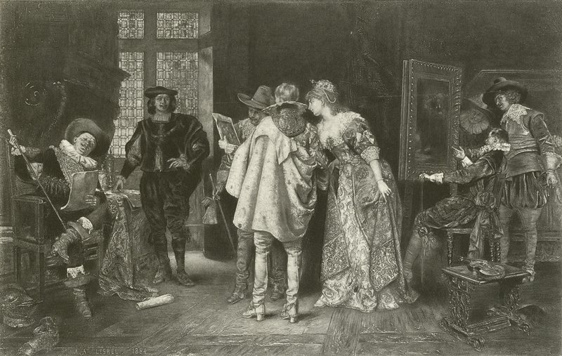 Rembrandtin ateljeen tuntijat (printti) tekijältä Adolphe Alexandre Lesrel