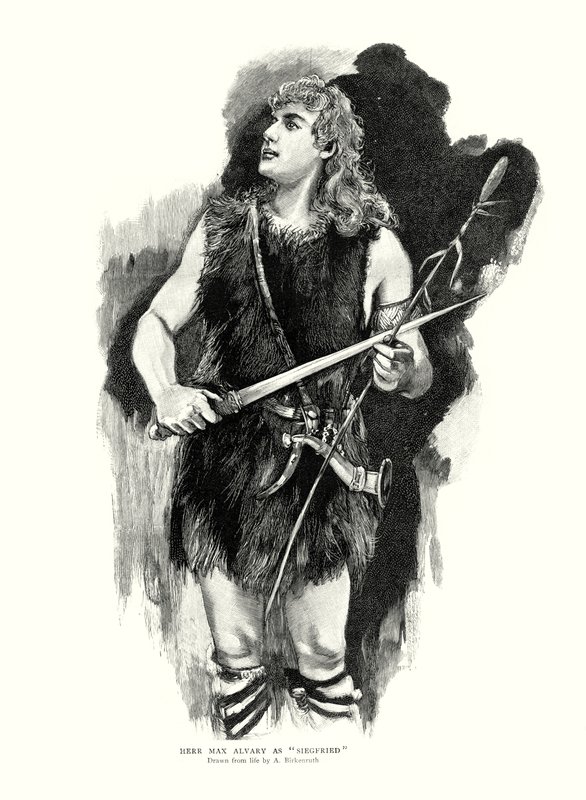 Saksalainen tenori Max Alvary Siegfriedinä Richard Wagnerin oopperassa Die Walkure Royal Opera Housessa, Covent Gardenissa, Lontoossa (litho) tekijältä Adolphe Birkenruth