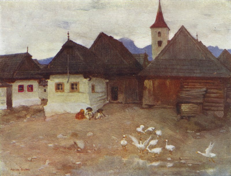 Tšekkoslovakia: Vazsecz, slovakialainen kylä (väri litho) tekijältä Adrian Scott Stokes