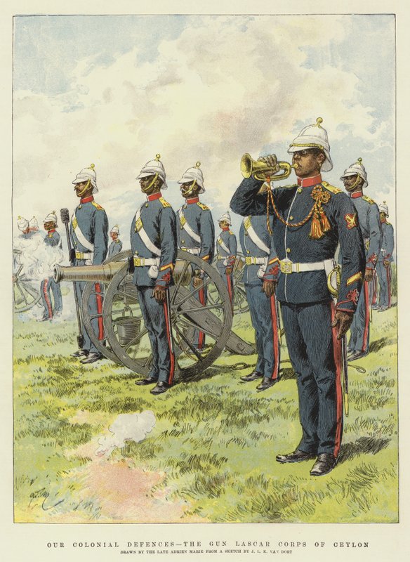 Siirtomaapuolustusmme, Ceylonin Gun Lascar -joukko (chromolitho) tekijältä Adrien Emmanuel Marie