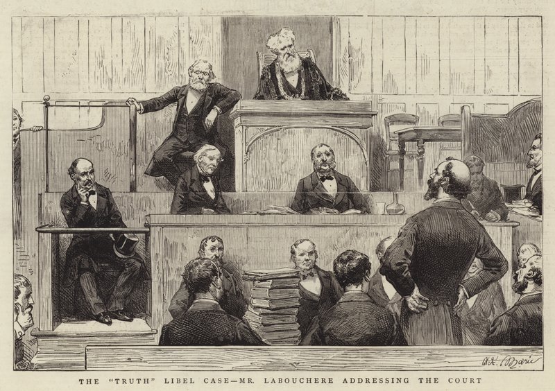 Truth Libel -tapaus, herra Labouchere puhumassa tuomioistuimessa tekijältä Adrien Emmanuel Marie