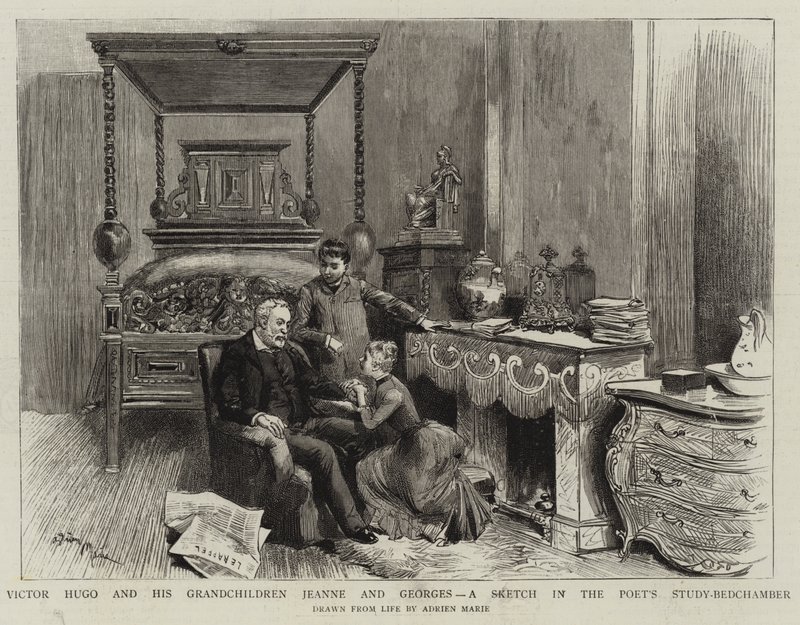 Victor Hugo ja hänen lapsenlapsensa Jeanne ja Georges, luonnos runoilijan työhuoneessa tekijältä Adrien Emmanuel Marie