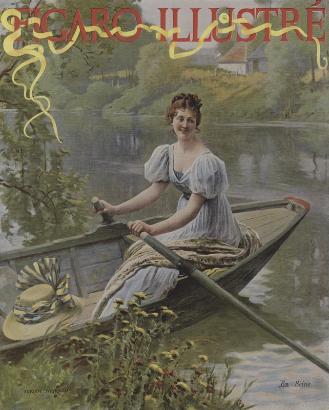 En Seine (Seinen varrella). Le Figaro Illustren kansi, heinäkuu 1895 tekijältä Adrien Moreau