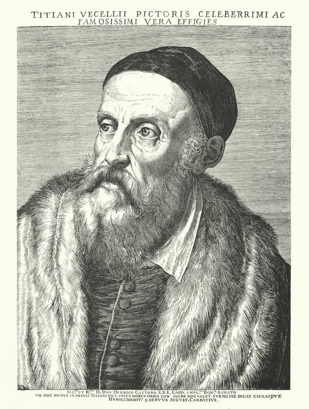 Titian, italialainen renessanssitaiteilija (kaiverrus) tekijältä Agostino (after) Carracci