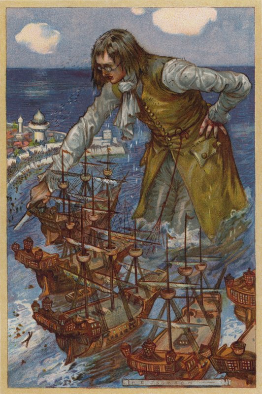 Gulliver vangitsee blefuscudilaisten laivaston (chromolitho) tekijältä Albert Edward Jackson