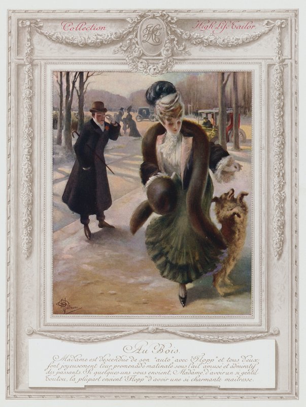 Belle Epoque Paris, muodikas nainen Bois de Boulognessa (värilitho) tekijältä Albert Guillaume
