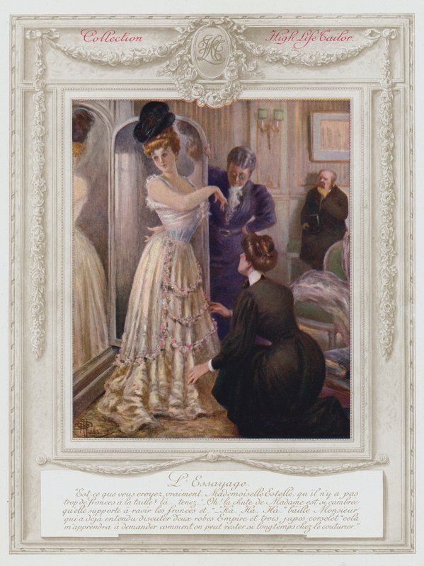 Belle Epoque Paris, Muodikas nainen, joka yrittää pukeutua (väri litho) tekijältä Albert Guillaume
