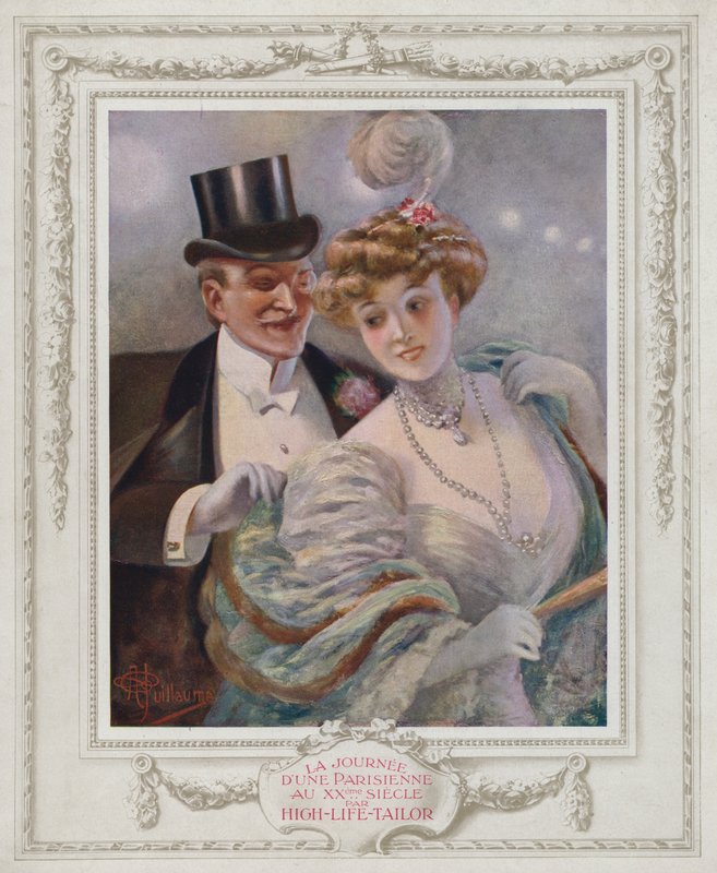 Belle Epoque Paris, muodikas nainen ihailijansa kanssa (väri litho) tekijältä Albert Guillaume