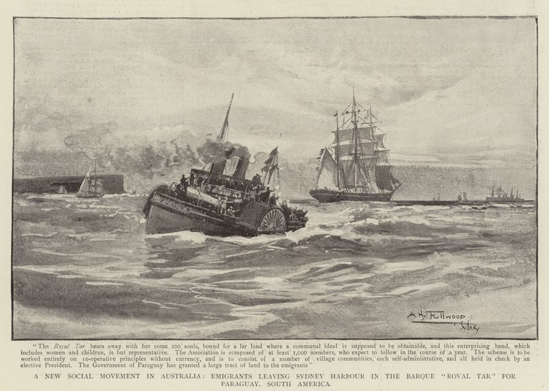 Uusi sosiaalinen liike Australiassa, siirtolaiset lähtevät Sydneyn satamasta Barque Royal Tar -alueella Paraguayhin, Etelä-Amerikkaan tekijältä Albert Henry Fullwood