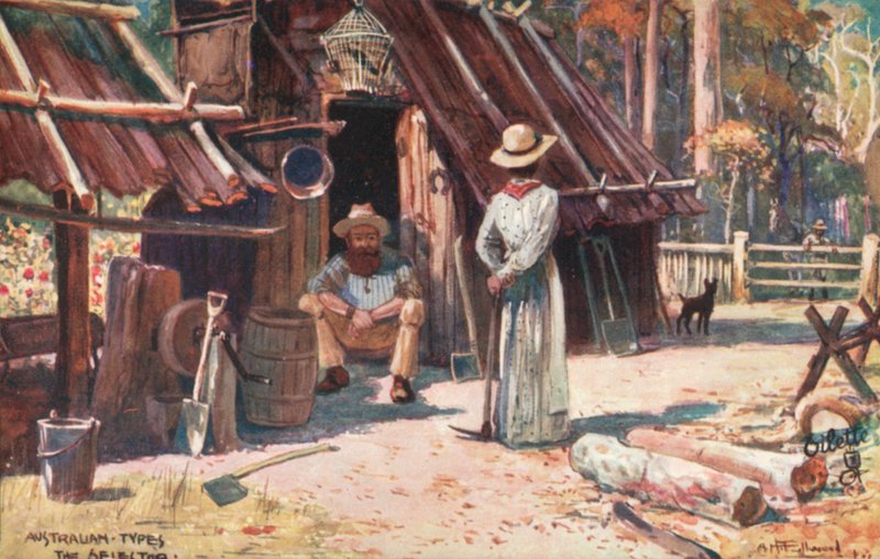Australialaiset tyypit: The Selector (värilitografia) tekijältä Albert Henry Fullwood