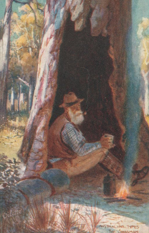 Australialaiset tyypit: Swagman (värilitografia). tekijältä Albert Henry Fullwood