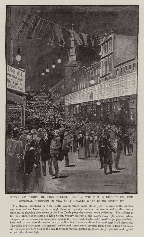 Sce at Night King Street, Sydney, kun Uuden Etelä-Walesin parlamenttivaalien tuloksia julkaistiin tekijältä Albert Henry Fullwood