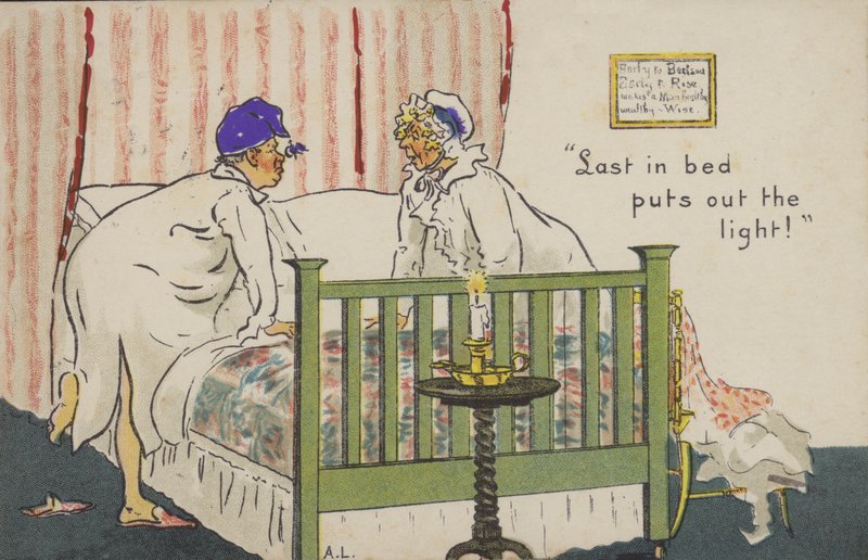 "Viimeinen sängyssä sammuttaa valon!" (väri litho) tekijältä Albert Jnr. Ludovici