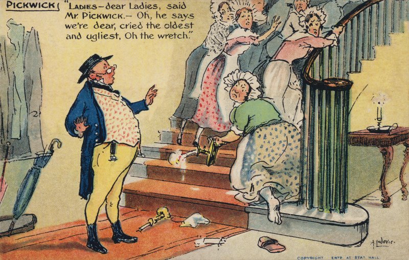 herra Pickwick loukkaa naisryhmää (chromolitho) tekijältä Albert Jnr. Ludovici