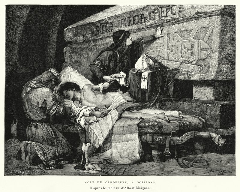 Clodebertin kuolema, Soissonsissa (kaiverrus) tekijältä Albert Pierre René (after) Maignan