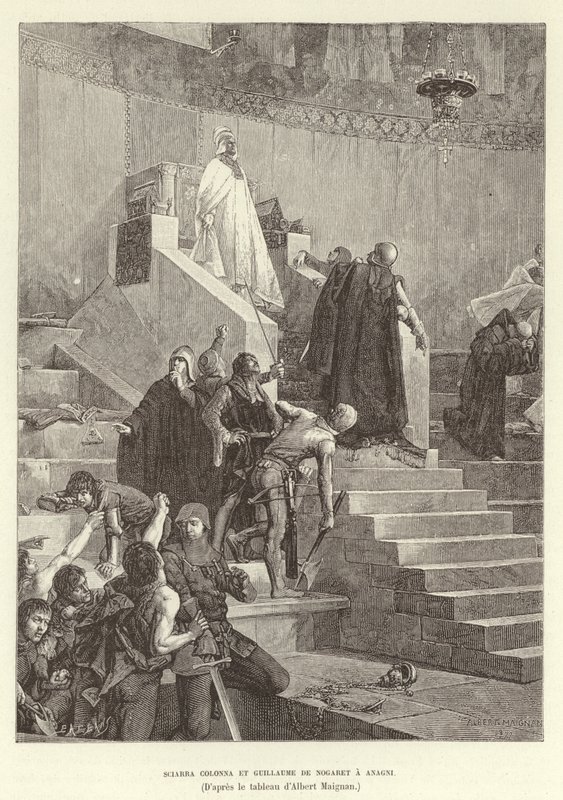 Sciarra Colonna ja Guillaume de Nogaret Anagnissa. Sciarra Colonna ja Guillaume de Nogaret kohtaavat paavi Bonifatius VIII:n Anagnissa, Italiassa tekijältä Albert Pierre Rene Maignan