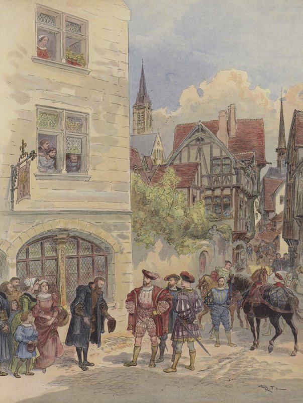 Estienne ottaa Francois Ierin vastaan ​​kirjapainonsa ovella, Olivierin kyltissä, rue Saint-Jean-de-Beauvais, Pariisissa. tekijältä Albert Robida