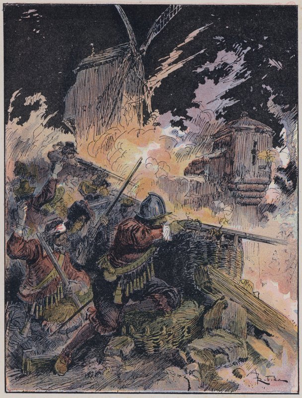 Kuvitus Le Capitaine Bellormeaulle, jonka on kuvittanut A Robida (väri litho) tekijältä Albert Robida