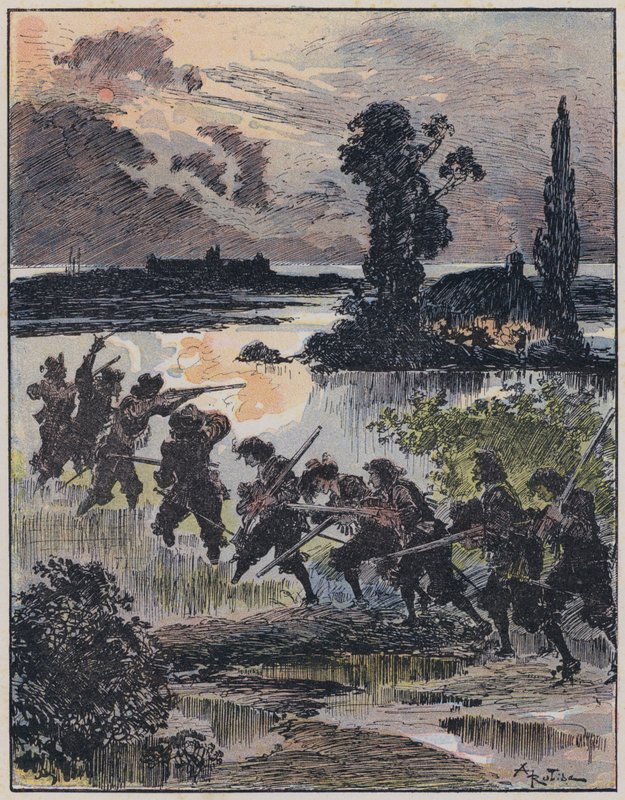 Kuvitus Le Capitaine Bellormeaulle, jonka on kuvittanut A Robida (väri litho) tekijältä Albert Robida