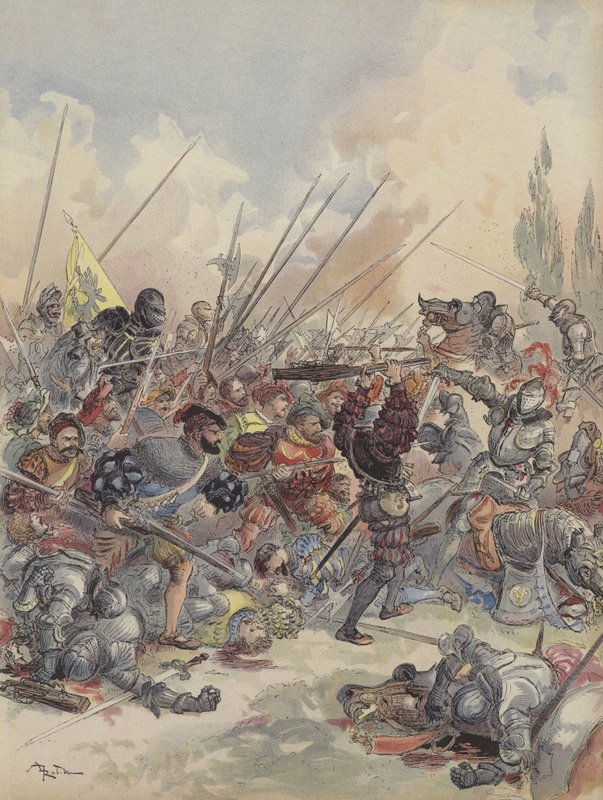 Kuningas Paviassa putoaa hevoseltaan haavoittuneena, taistelee häntä ympäröivää hyökkääjien pilveä vastaan ​​(väri litho) tekijältä Albert Robida