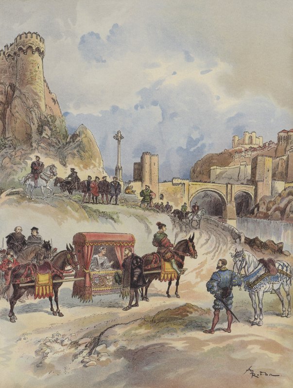 Ranskalainen Marguerite vierailee veljensä luona, Charles V ottaa hänet vastaan ​​Pont de Toledossa tekijältä Albert Robida