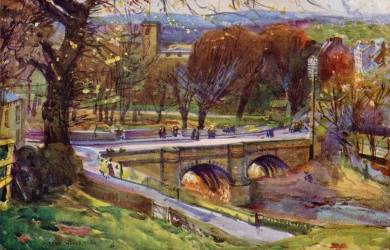 Whalley, kirkko ja kylä (väri litho) tekijältä Albert Woods
