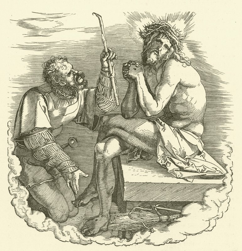 Kristuksen pilkkaaminen (Kristus murheiden miehenä, jota sotilas pilkkaa) tekijältä Albrecht Dürer